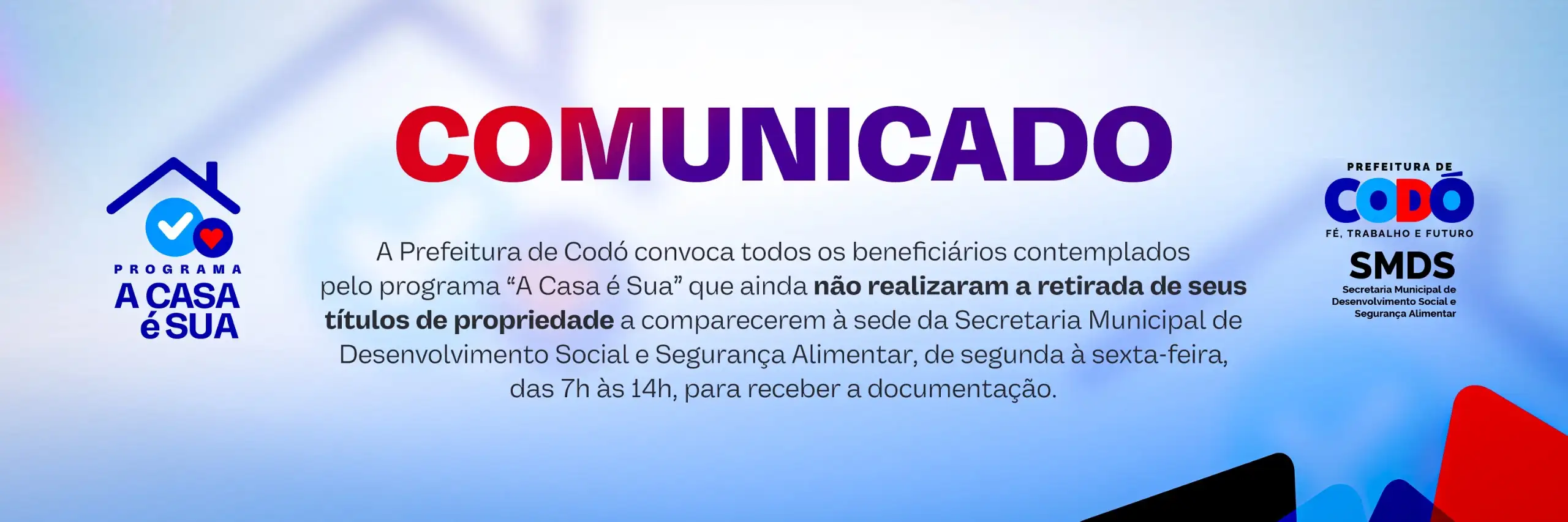 Galeria de imagens - Foto 1 da notícia: Prefeitura de Codó convoca beneficiários do programa “A Casa é Sua” para retirada de títulos de propriedade