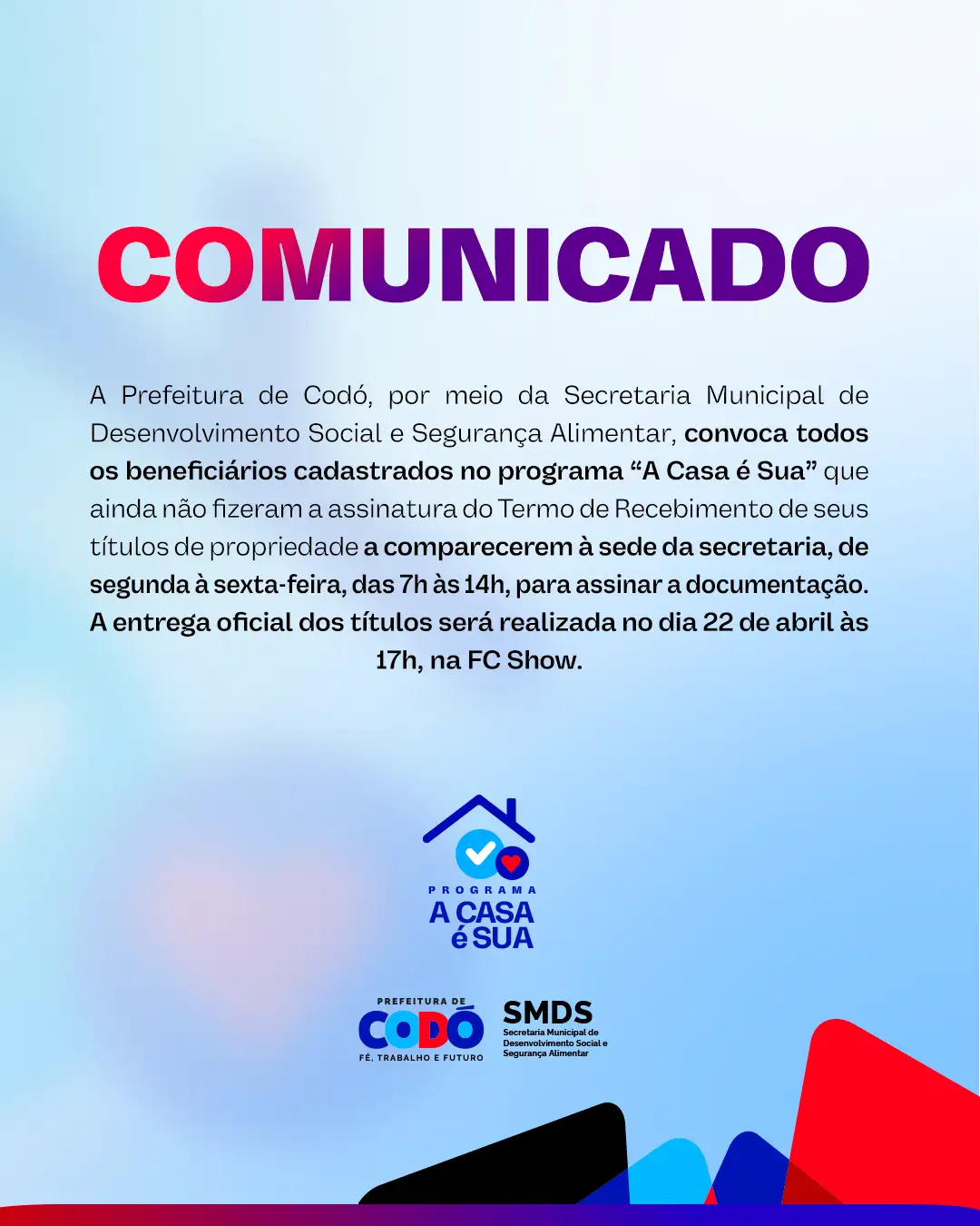 Galeria de imagens - Foto 1 da notícia: Prefeitura de Codó convoca beneficiários do programa “A Casa é Sua” para assinatura de termo de recebimento dos títulos
