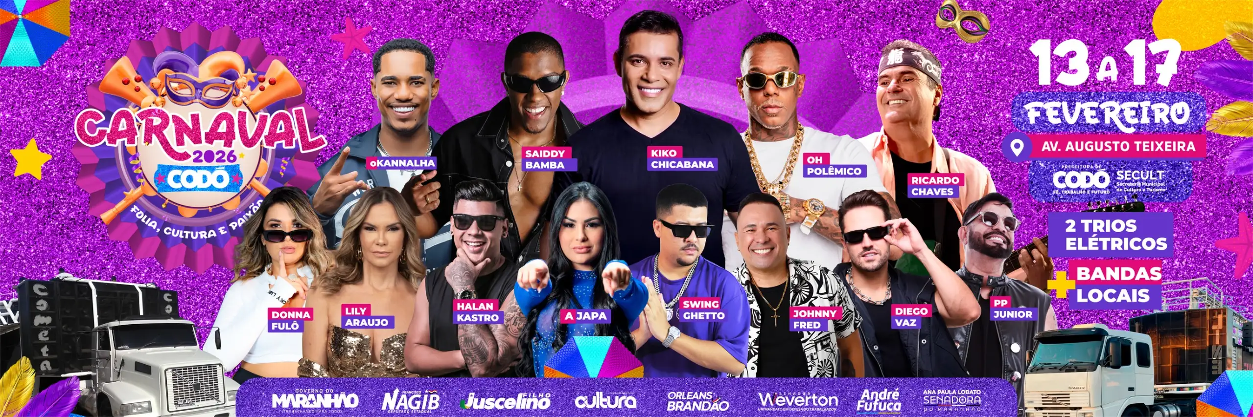 Galeria de imagens - Foto 1 da notícia: Carnaval 2026 de Codó acontece de 13 a 17 de fevereiro com grandes atrações nacionais