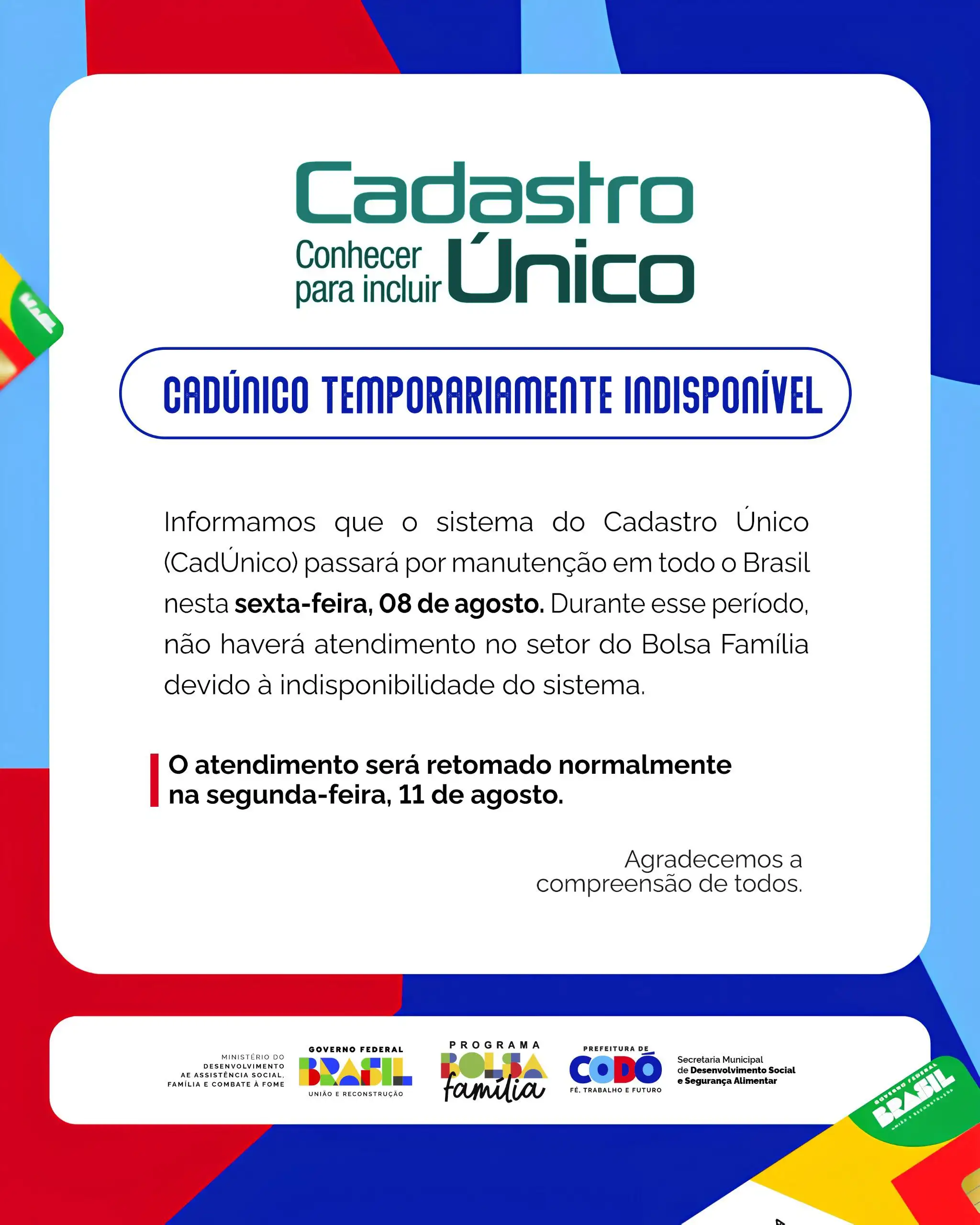 Galeria de imagens - Foto 1 da notícia: 📢 Sistema do Cadastro Único estará indisponível nesta sexta (08)