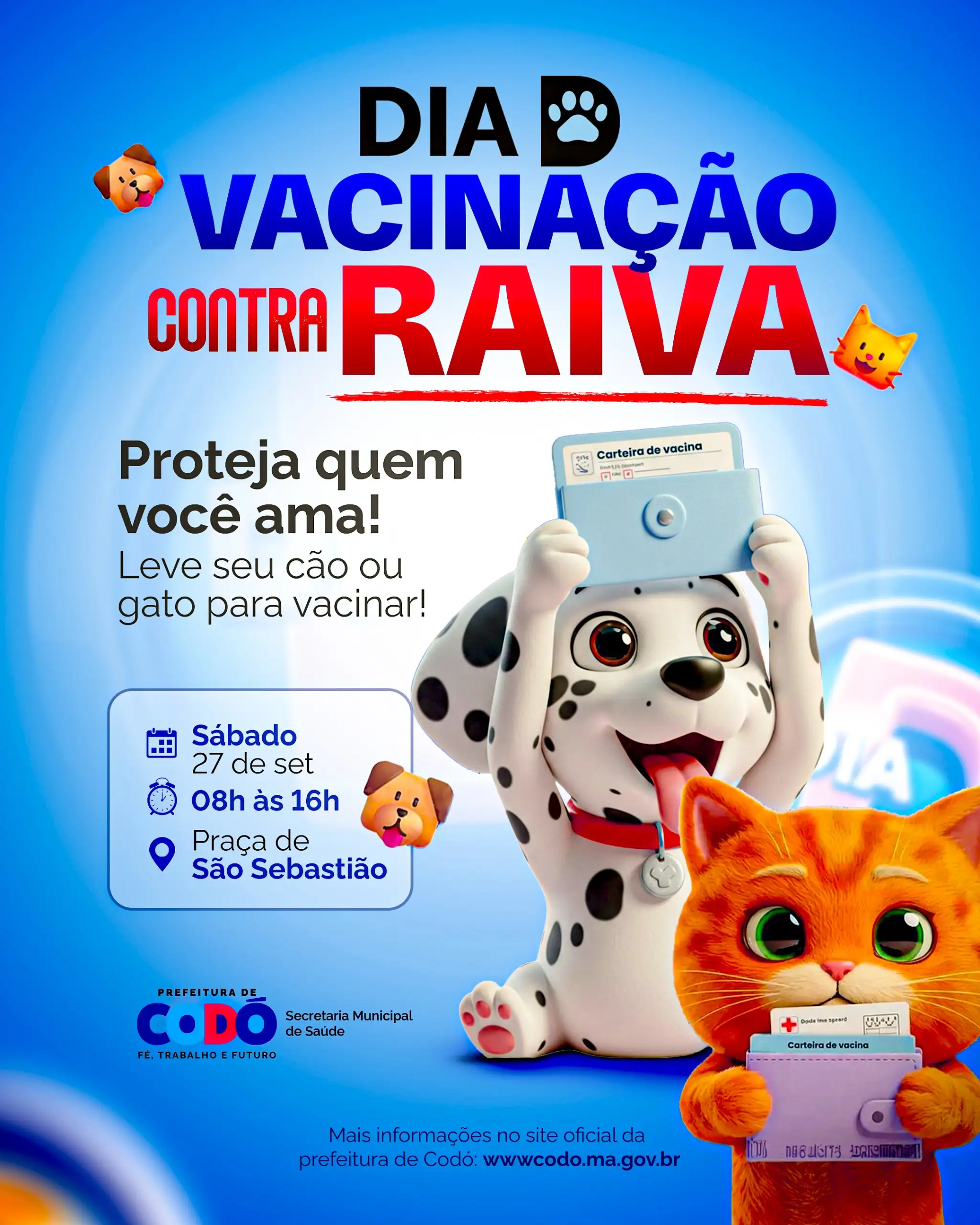 Foto 1 – Prefeitura de Codó promoverá "Dia D" de Vacinação contra a Raiva neste sábado (27), garantindo imunização gratuita de cães e gatos em diversos pontos da cidade