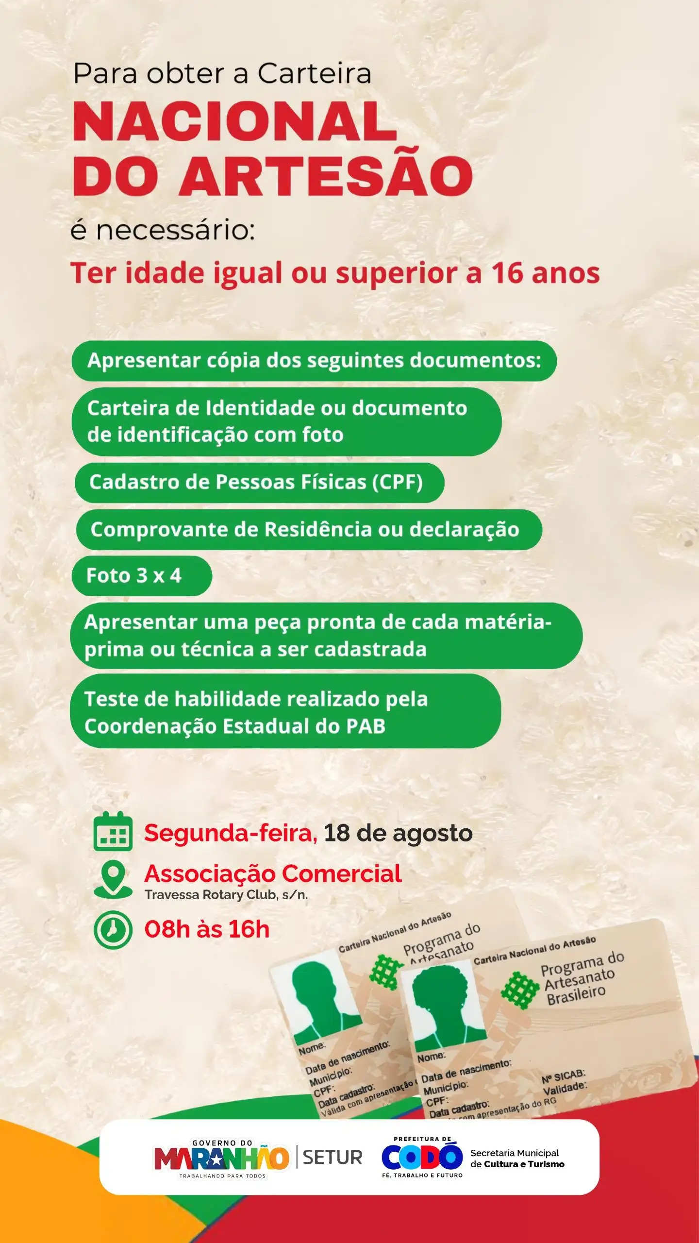 Galeria de imagens - Foto 1 da notícia: Em parceria com Governo do Maranhão, Prefeitura de Codó promove emissão da Carteira Nacional do Artesão