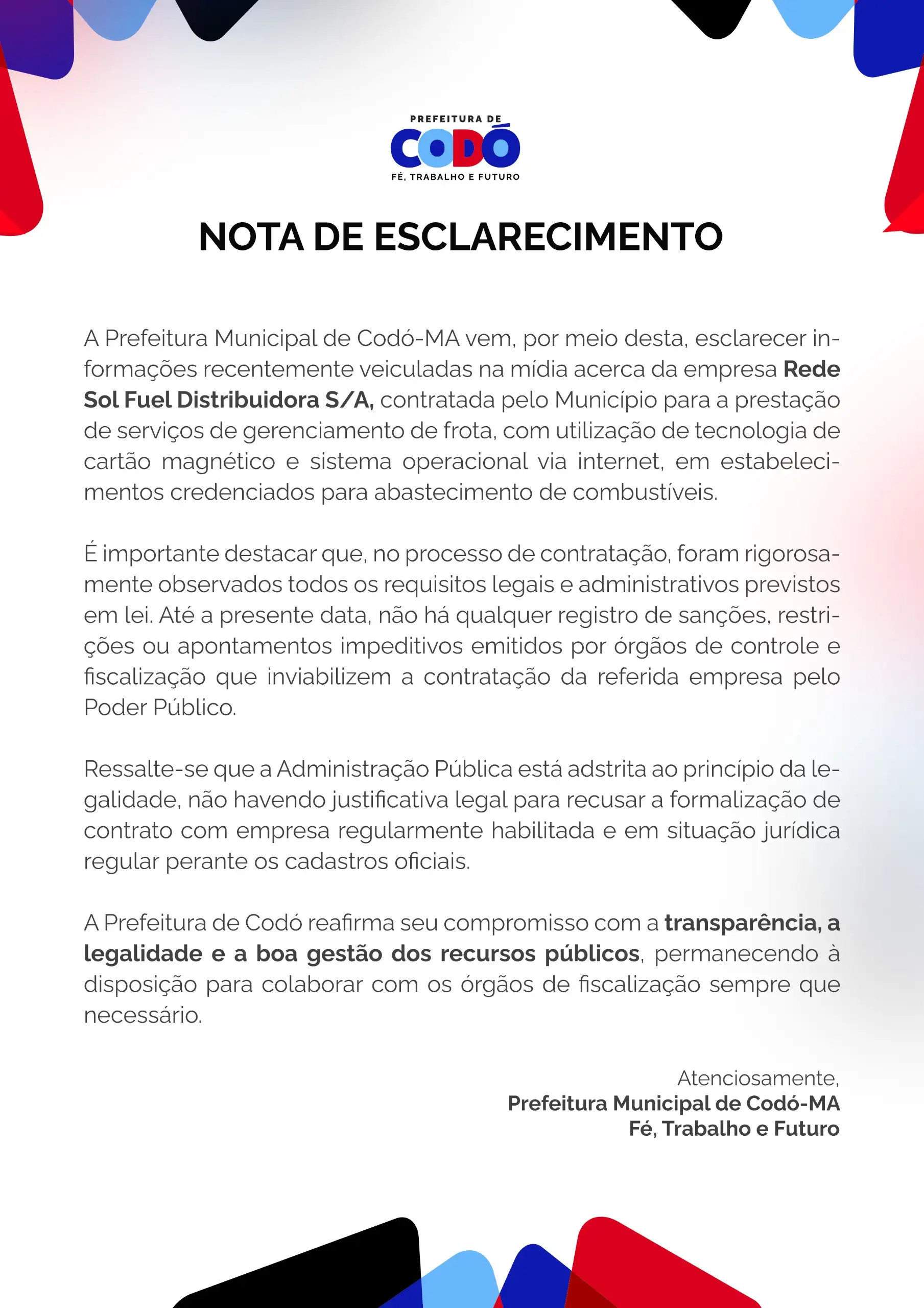 Galeria de imagens - Foto 1 da notícia: NOTA DE ESCLARECIMENTO