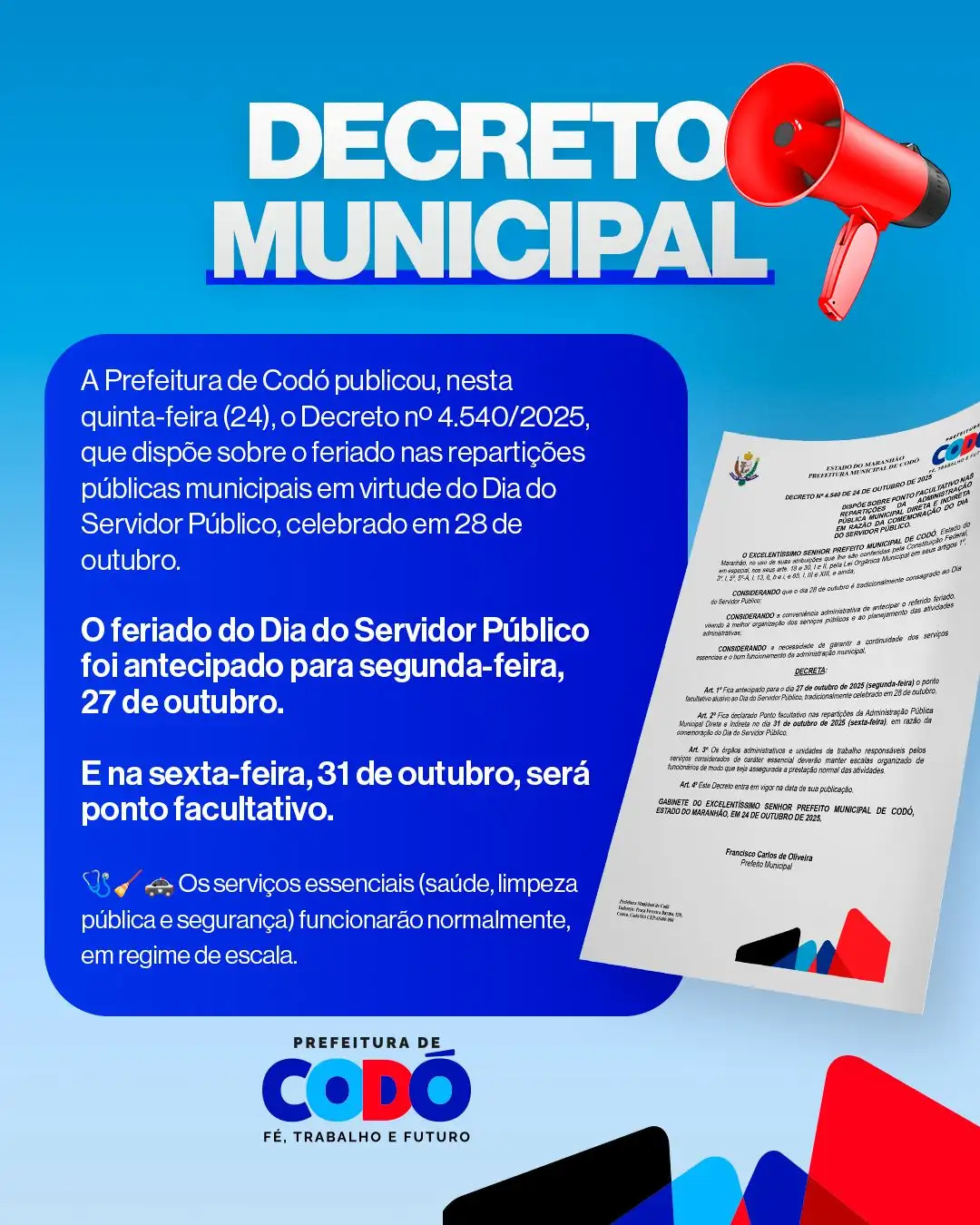 Foto 1 – Prefeitura de Codó antecipa feriado do Dia do Servidor para segunda (27) e decreta ponto facultativo na sexta (31)