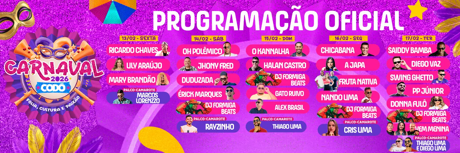 Prefeitura de Codó divulga programação oficial do Carnaval 2026 – “Folia, Cultura e Paixão”