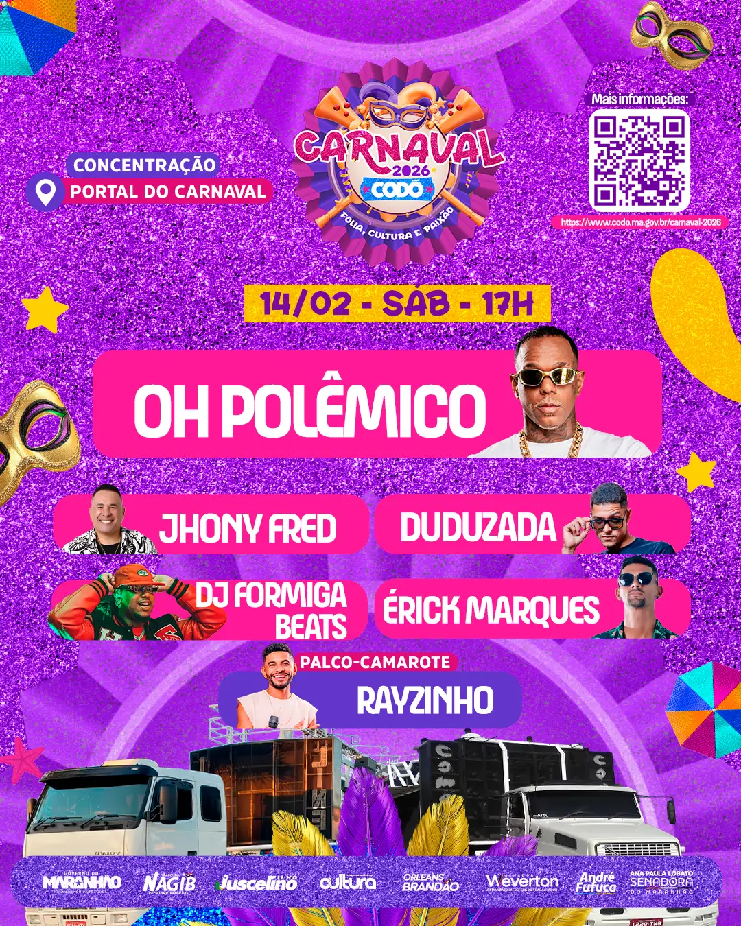 Galeria de imagens - Foto 2 da notícia: Prefeitura de Codó divulga programação oficial do Carnaval 2026 – “Folia, Cultura e Paixão”