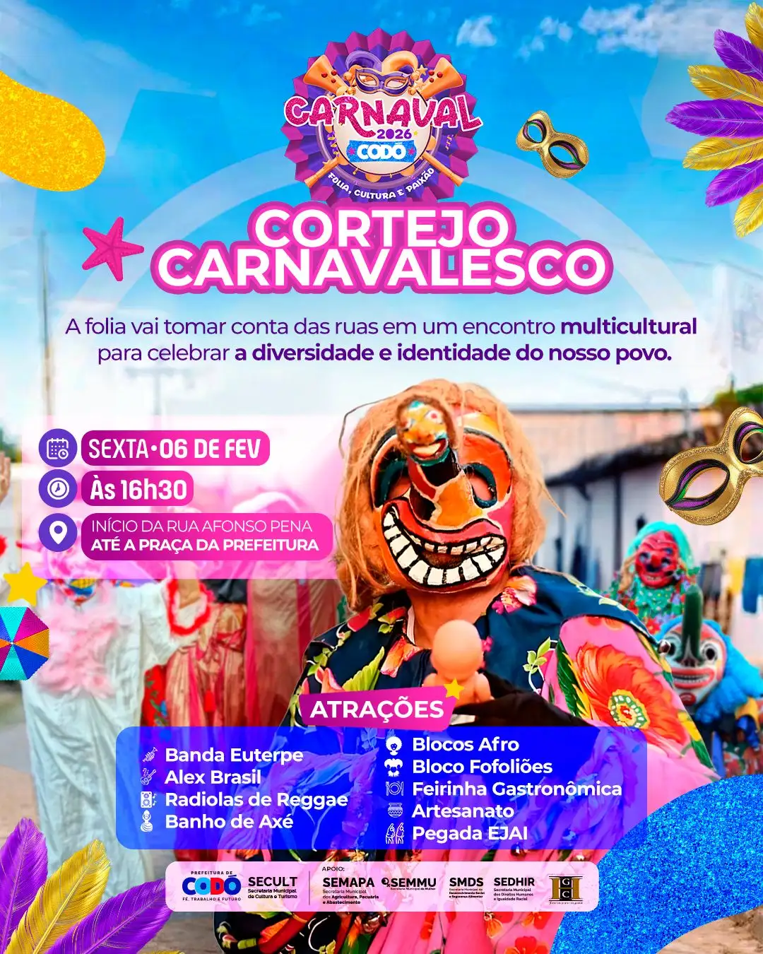 Galeria de imagens - Foto 1 da notícia: Carnaval 2026 começa com Cortejo Carnavalesco e celebração popular em Codó
