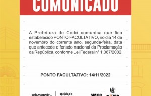 Prefeitura de Codó emite comunicado sobre ponto facultativo em razão do feriado da Proclamação da República