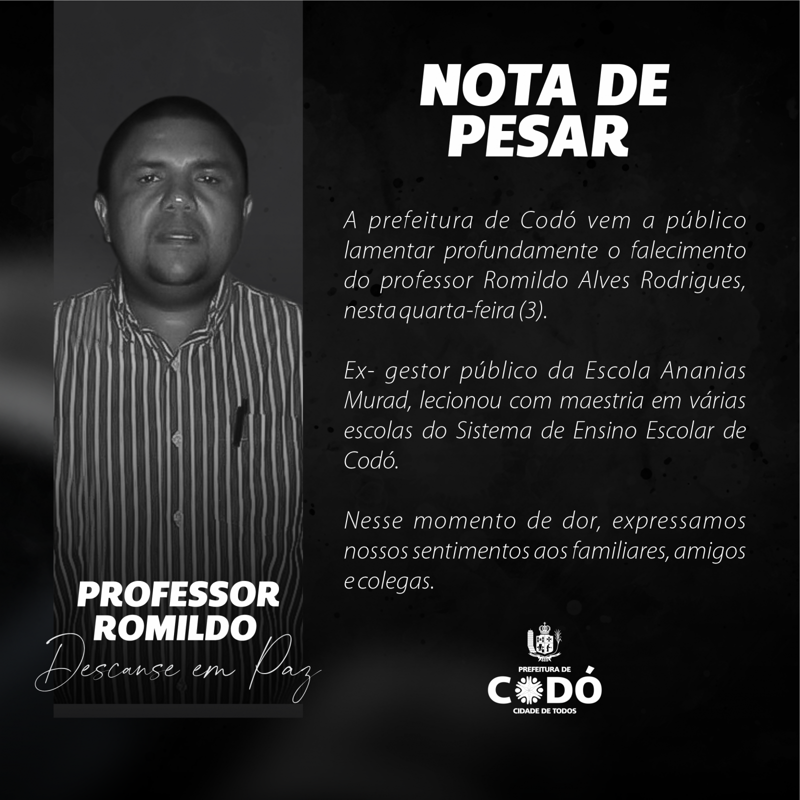 Prefeitura de Codó emite nota de pesar pela morte do professor Romildo Rodrigues